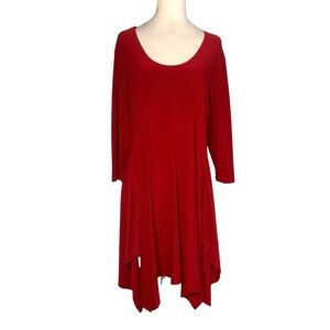 Sympli Women’s 14 Deep Red Long Sleeve Asymmetrical Hem Flowy Stretchy Dress